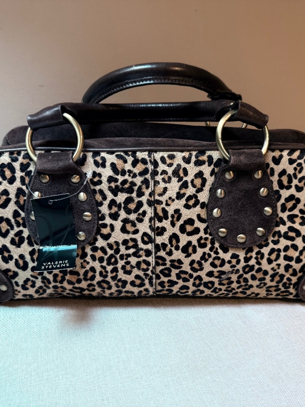 Valerie Stevens Leopard Print Satchel with Brown Trim